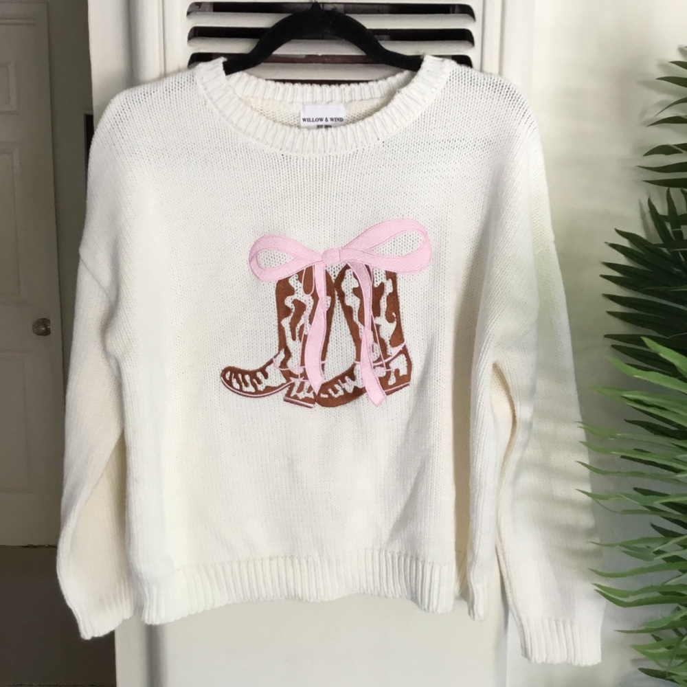 Willow & Wind Ivory Crewneck Sweater with Pink Bow & Brown Boot Appliqué